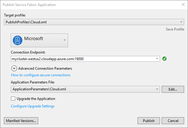 Cuadro de diálogo Publicar en Azure para un servicio de Service Fabric