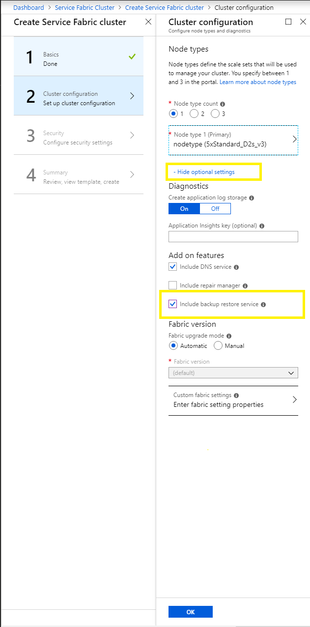 Habilitación del servicio de copia de seguridad y restauración con Azure Portal