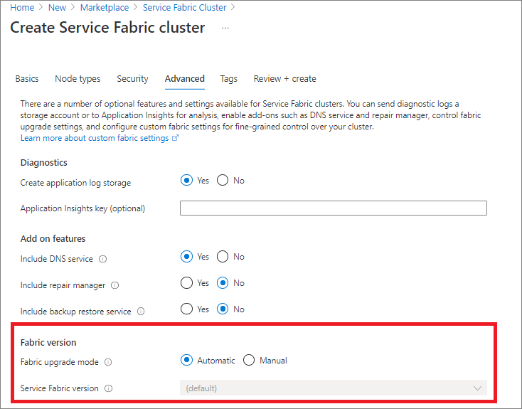 Elección entre actualizaciones automáticas o manuales al crear un clúster en Azure Portal a partir de las opciones avanzadas