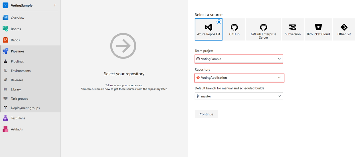 Captura de pantalla que muestra la selección del repositorio en Azure DevOps.