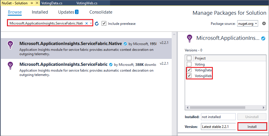 Captura de pantalla que muestra el SDK de Application Insights en NuGet.