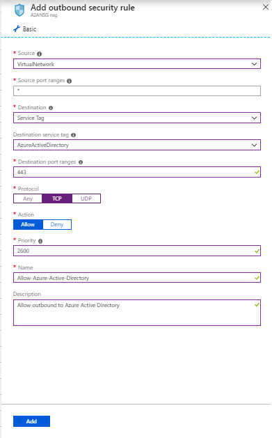 El recorte de pantalla muestra Agregar regla de seguridad de salida para un grupo de seguridad de red para Microsoft Entra ID.