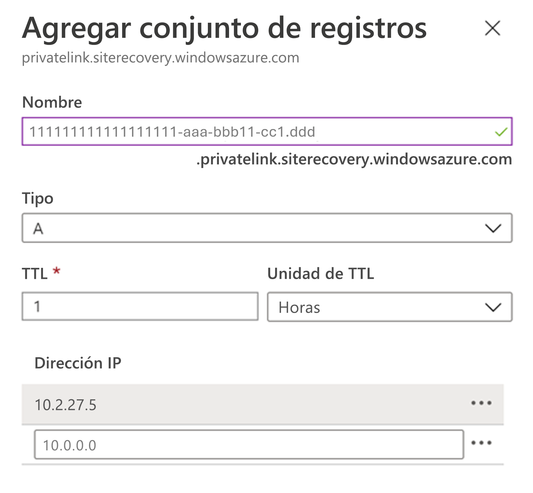 Muestra la página para agregar un registro DNS de tipo A para el nombre de dominio completo al punto de conexión privado en Azure Portal.