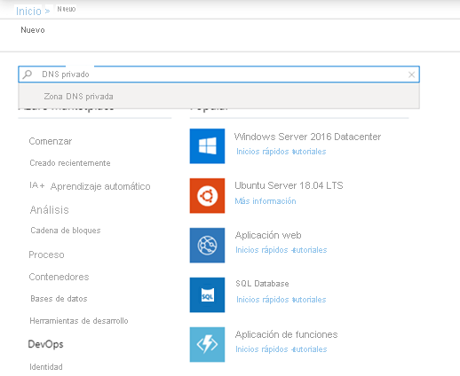 Muestra la búsqueda zona DNS privada en la página de nuevos recursos en Azure Portal.