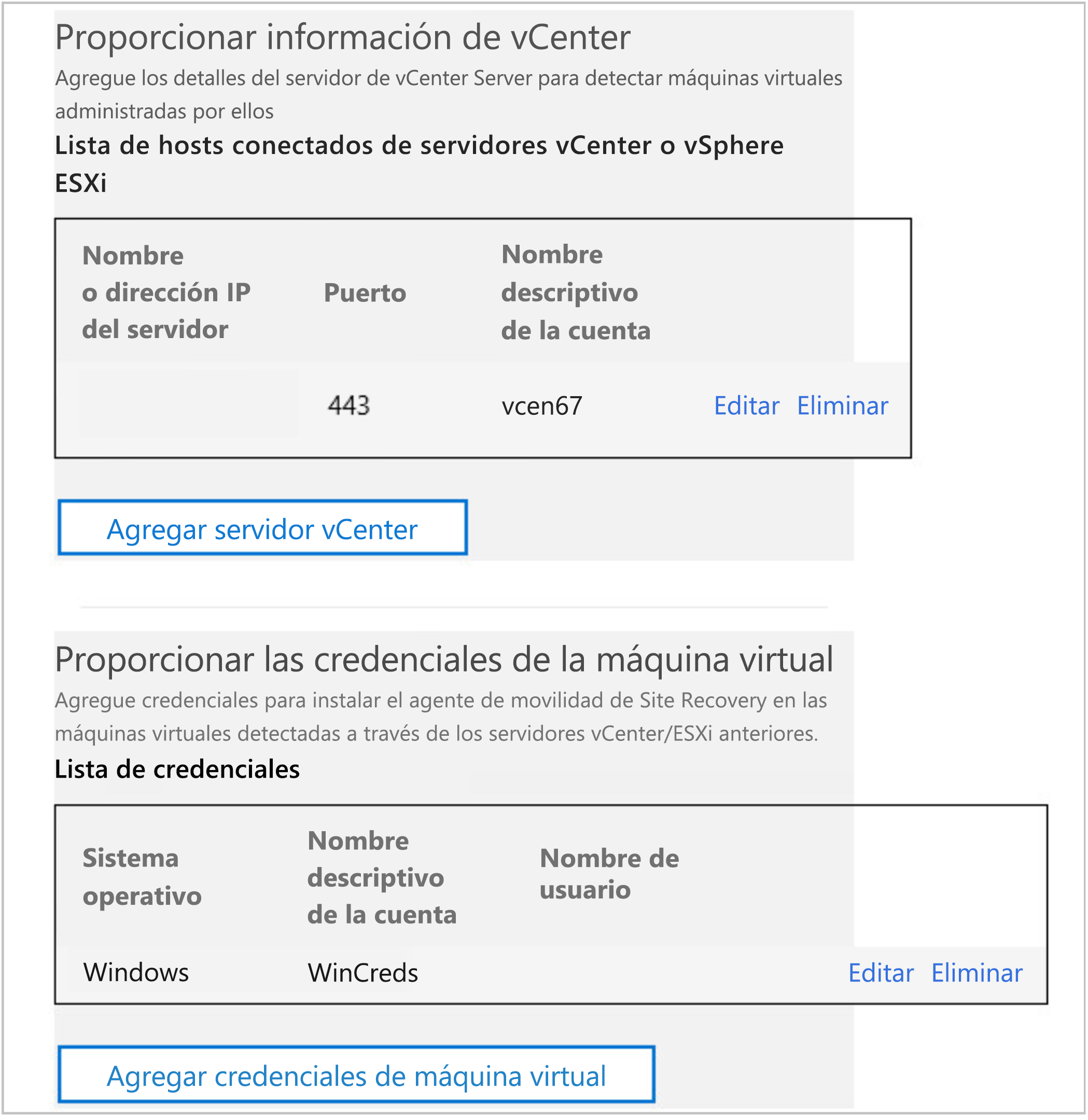 Captura de pantalla en la que se muestra la configuración de vCenter.