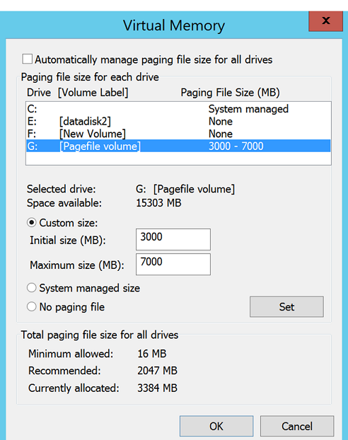 Configuración del archivo de paginación en la máquina virtual local