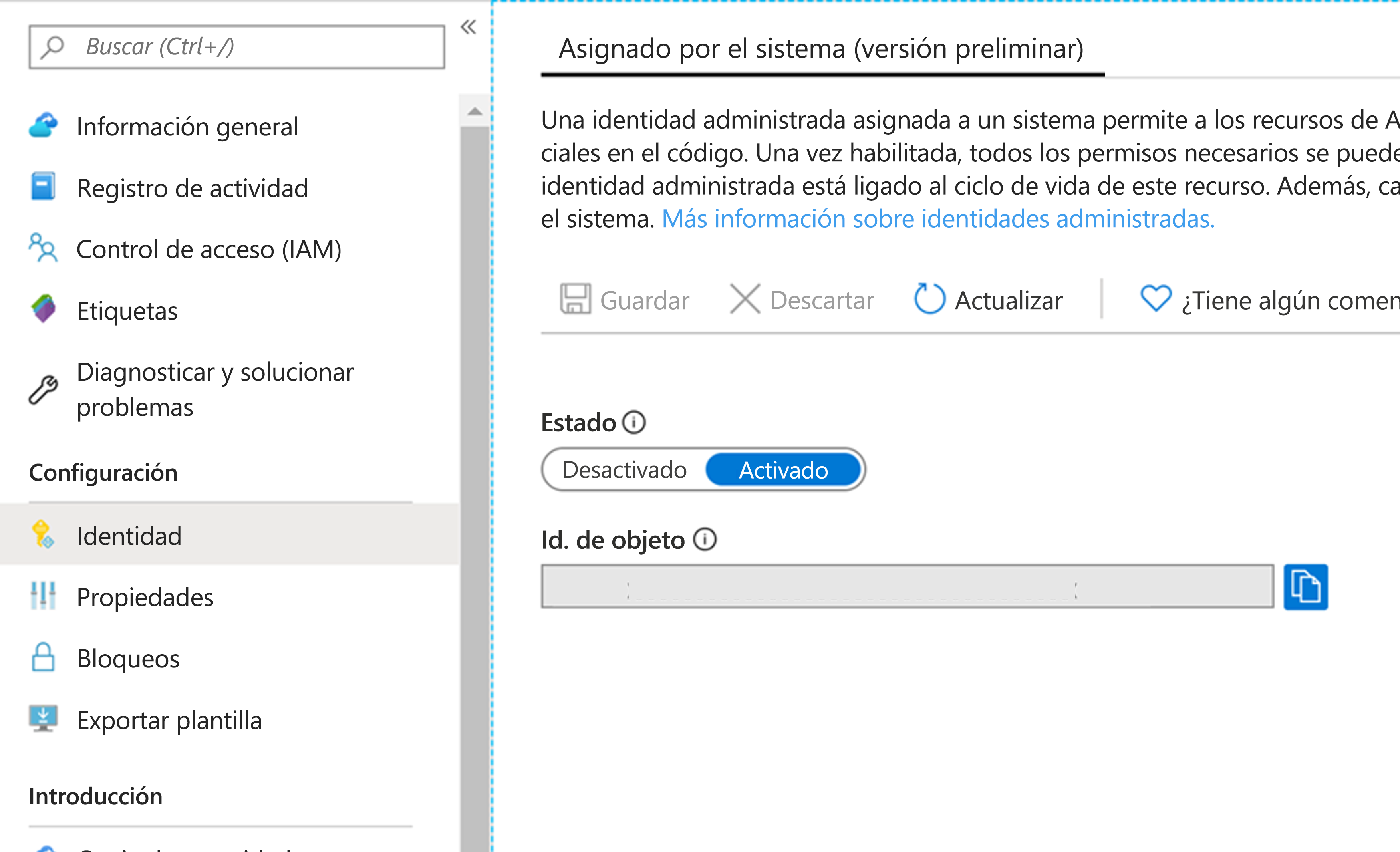 Captura de pantalla que muestra la página de configuración de la identidad.