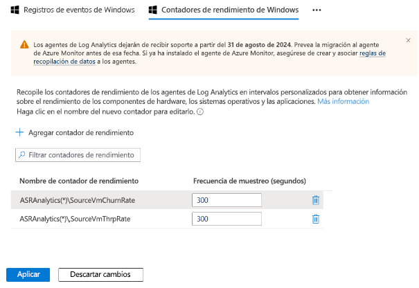 Captura de pantalla de la pantalla de configuración de contadores.