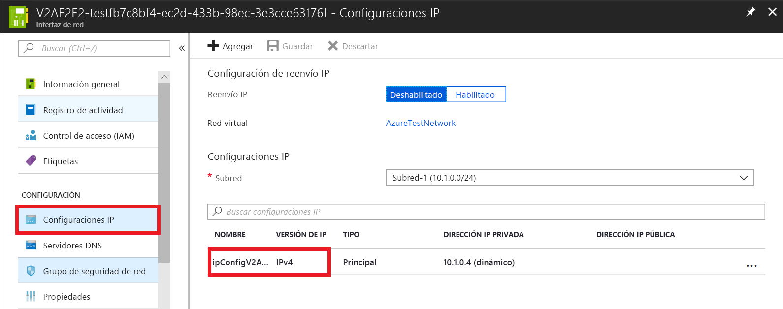 Captura de pantalla que muestra la página Configuraciones de IP de la interfaz de red con el nombre de la configuración de la IP seleccionado.