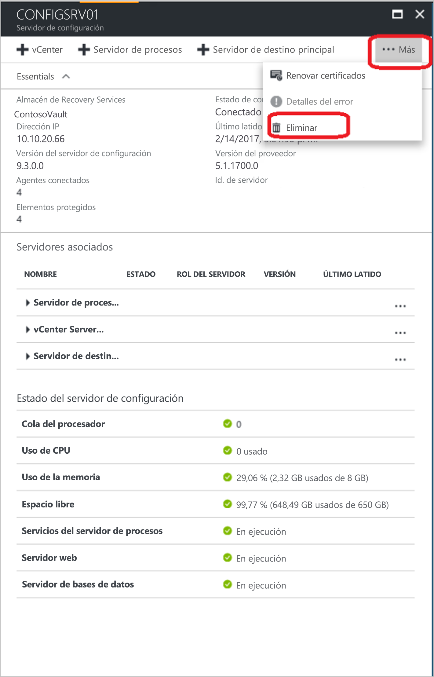 Eliminación de un servidor de configuración