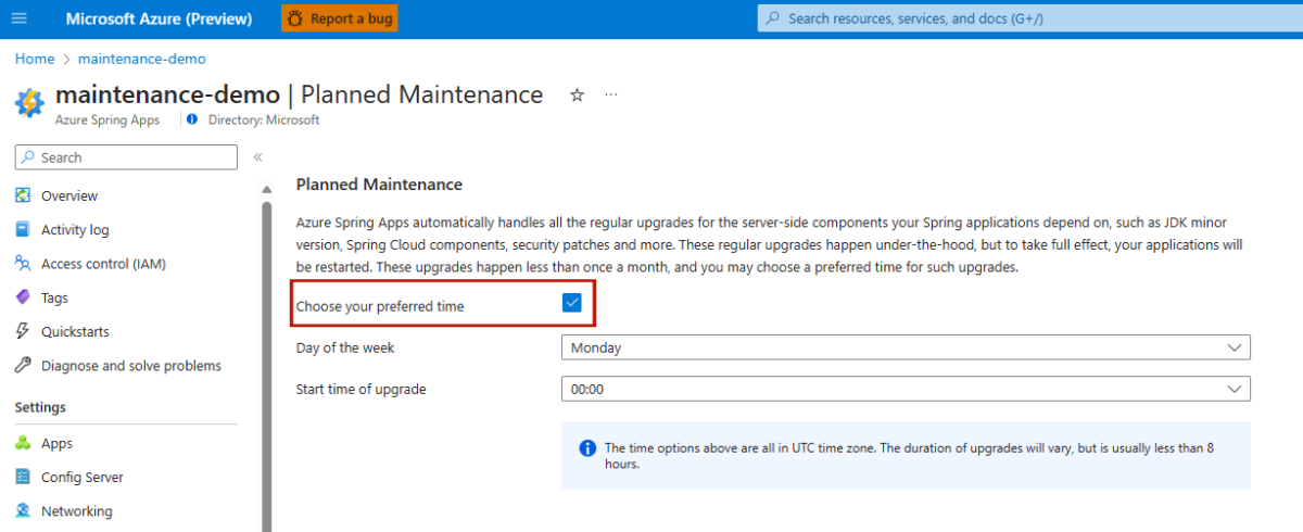 Captura de pantalla de Azure Portal que muestra la página Mantenimiento planeado con la casilla Elegir la hora preferida resaltada.