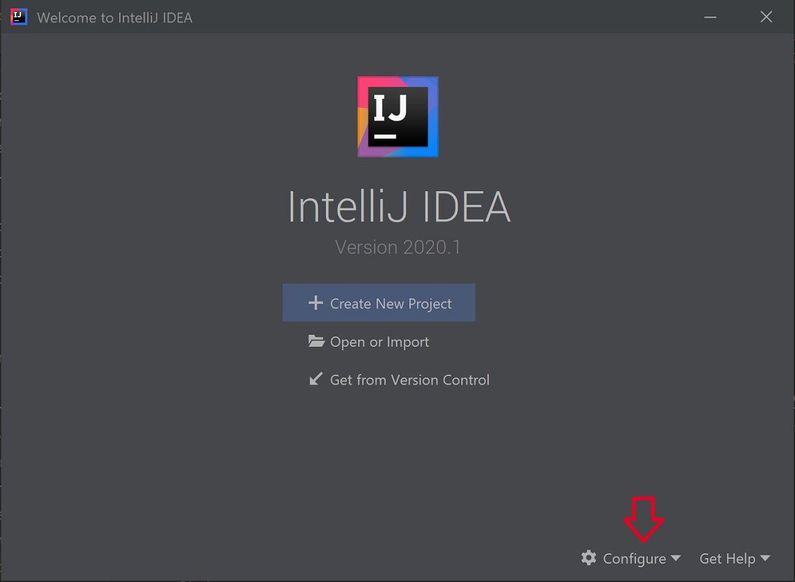 Captura de pantalla del cuadro de diálogo de bienvenida de IntelliJ IDEA con el elemento Configurar resaltado.