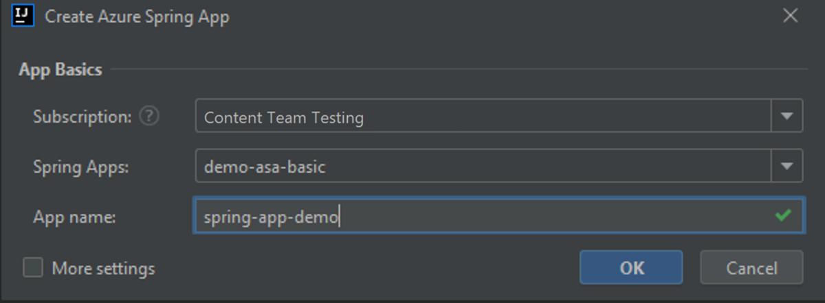 Captura de pantalla del cuadro de diálogo de IntelliJ IDEA Crear Azure Spring App con el campo Nombre de aplicación en el foco.