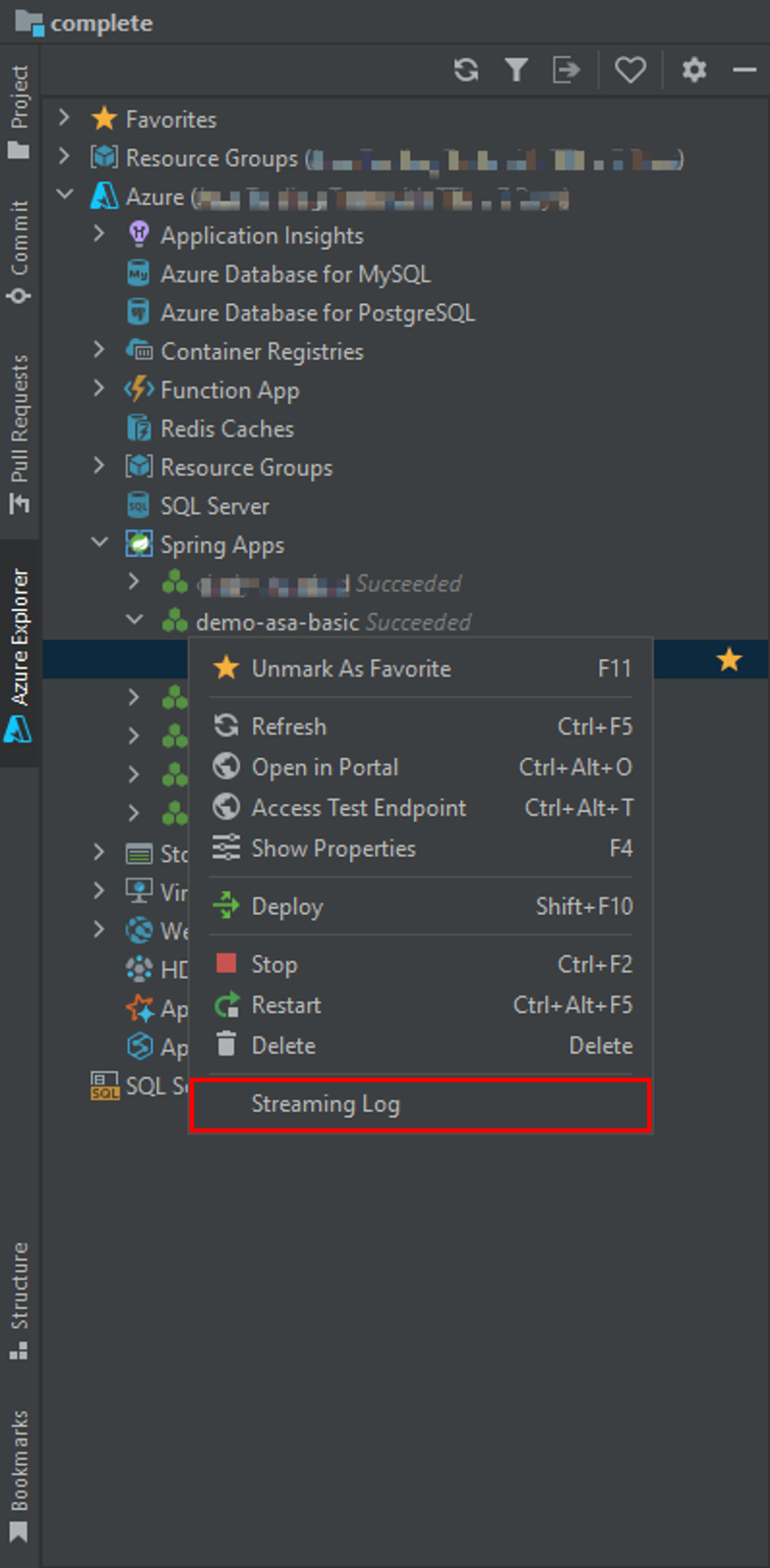 Captura de pantalla del menú contextual de IntelliJ IDEA con la opción Registros de streaming resaltada.