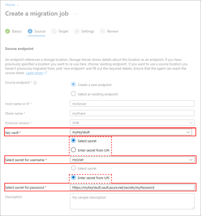 Captura de pantalla de los campos necesarios para crear un nuevo recurso de punto de conexión de origen de SMB.