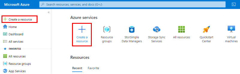 Imagen que muestra la página de aterrizaje de Azure Portal con dos indicadores que llaman la atención sobre los vínculos Crear un recurso