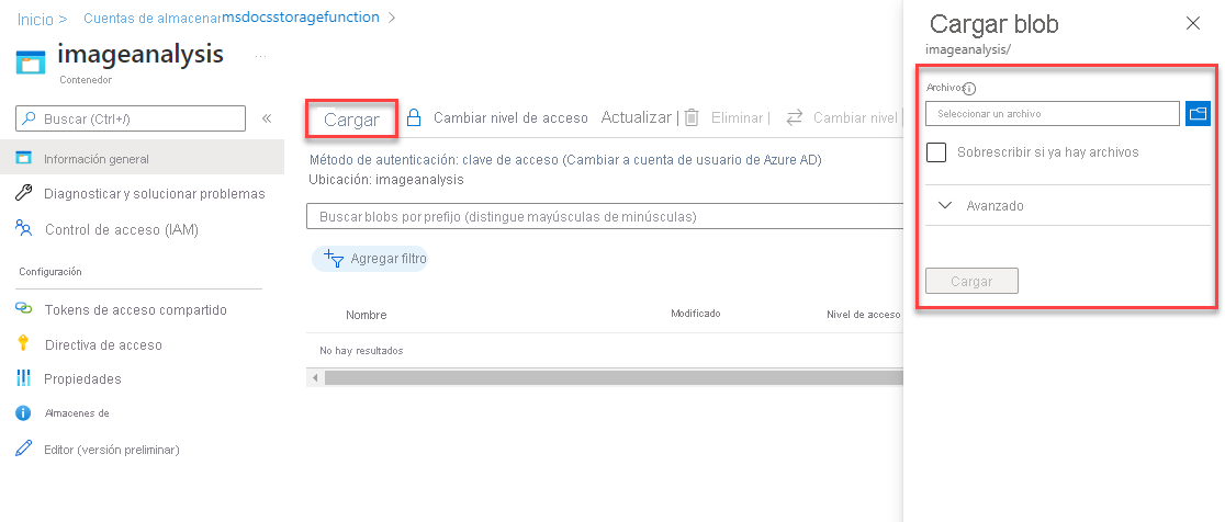 Captura de pantalla que muestra cómo cargar un blob en el contenedor de almacenamiento.