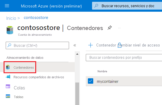 ubicación de los contenedores de la cuenta de almacenamiento en Azure Portal