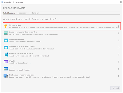 Captura de pantalla en la que se muestra el panel Seleccionar recurso del Explorador de Microsoft Azure Storage