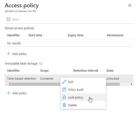 Captura de pantalla en la que se muestra cómo bloquear una directiva de retención de duración definida en Azure Portal