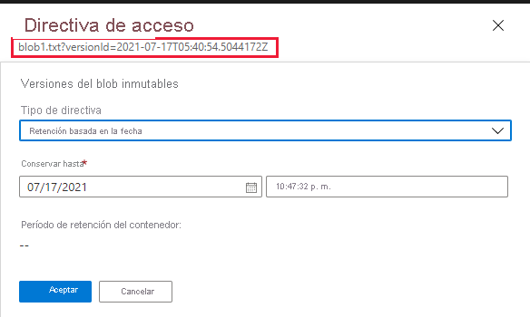 Captura de pantalla que muestra cómo configurar una directiva de retención para una versión de blob anterior en Azure Portal