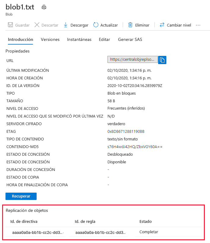 Screenshot showing replication status for a blob in the source account