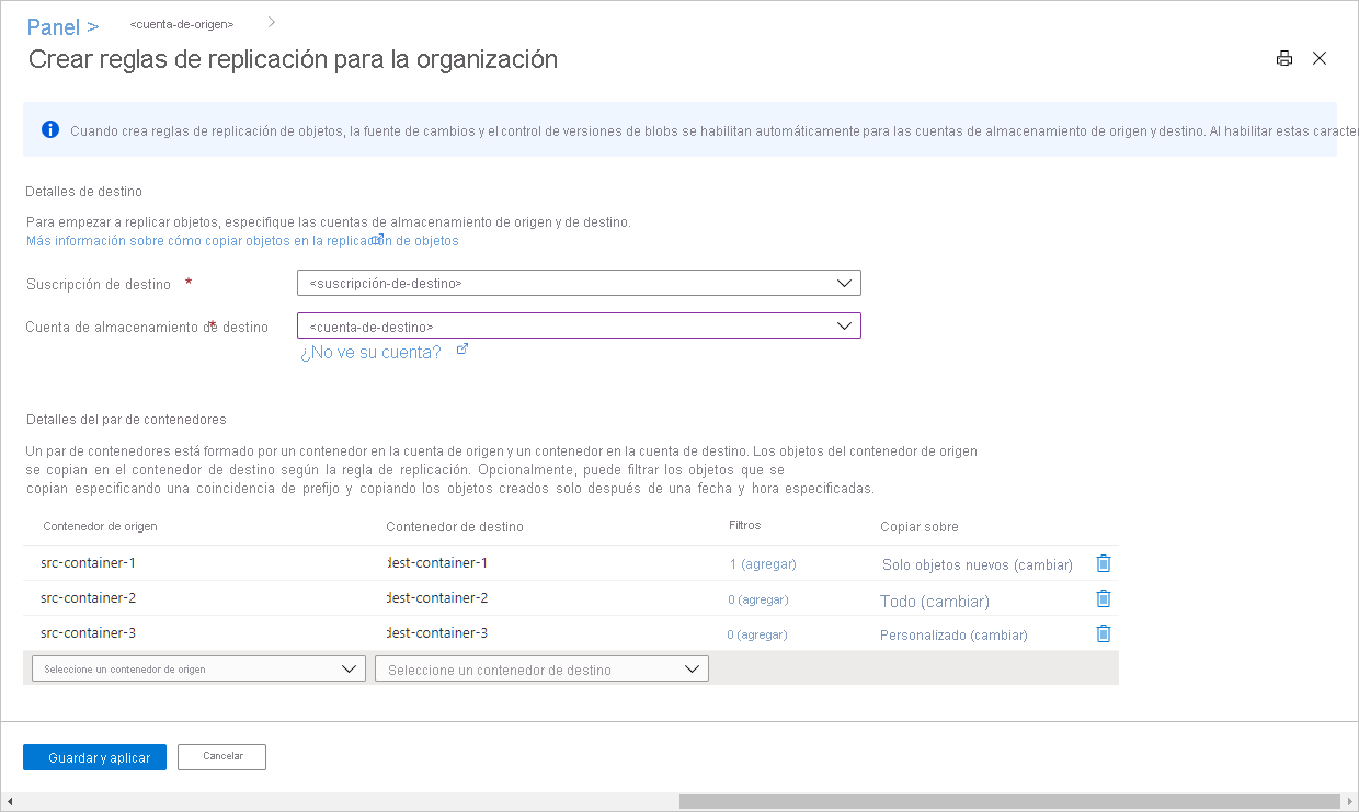 Screenshot showing replication rules in Azure portal