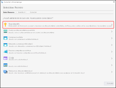 Captura de pantalla en la que se muestra el panel Seleccionar recurso del Explorador de Microsoft Azure Storage