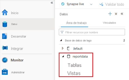 Captura de pantalla del panel Datos que muestra la base de datos reportdata