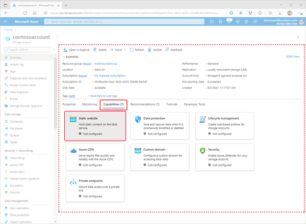 Imagen que muestra cómo acceder a la página de configuración de un sitio web estático dentro de la Azure Portal