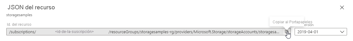Screenshot showing how to copy the resource ID for the storage account from the portal