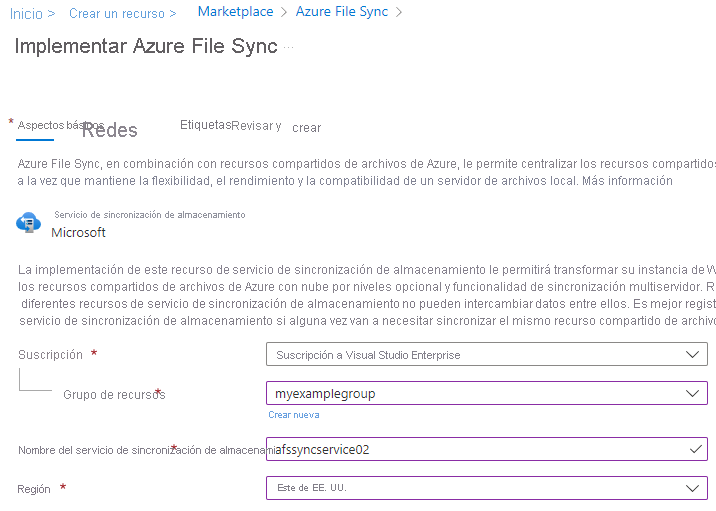 Captura de pantalla que muestra cómo implementar el servicio de sincronización de almacenamiento en Azure Portal.