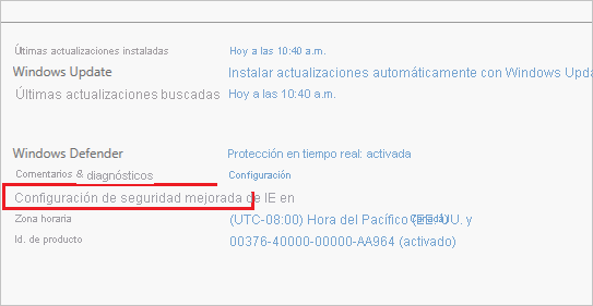 Captura de pantalla que muestra el panel Configuración de seguridad mejorada de Internet Explorer en la interfaz de usuario de Administrador del servidor.