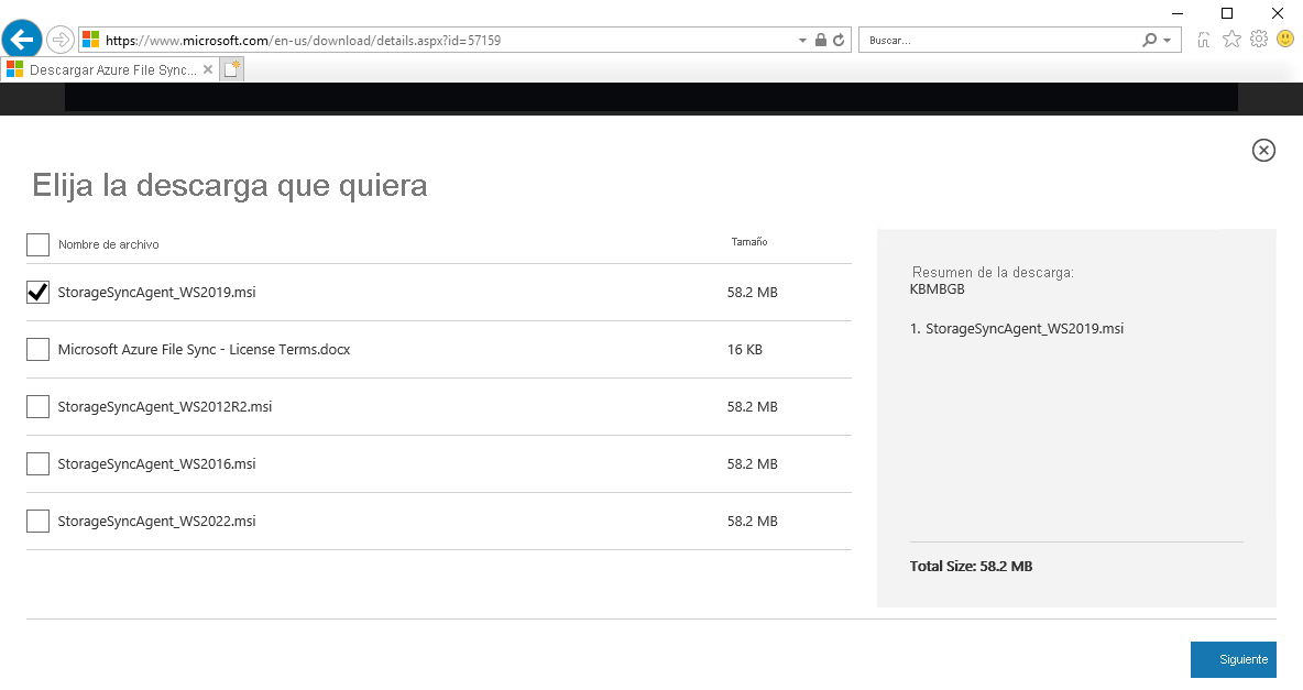 Captura de pantalla que muestra cómo seleccionar la descarga correcta del agente de Azure File Sync.