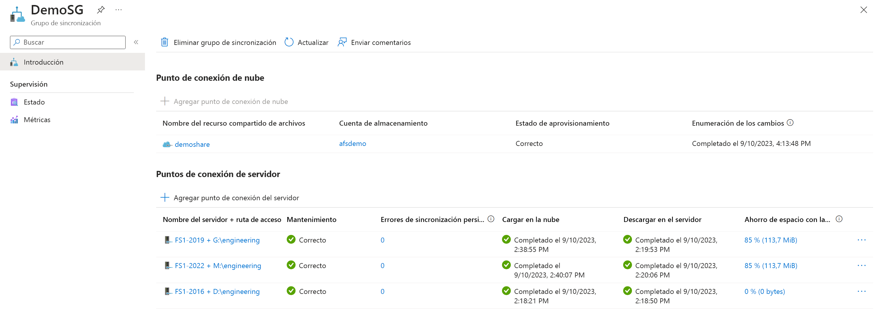 Captura de pantalla que muestra el estado del punto de conexión del servidor en Azure Portal.