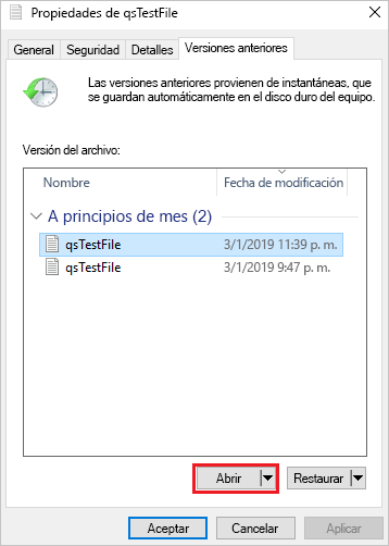 Captura de pantalla de la opción Versiones anteriores.