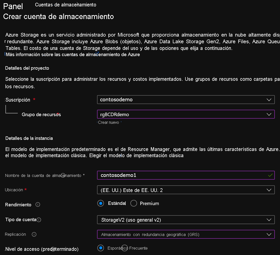 Muestra la configuración de la cuenta de Storage en el portal.