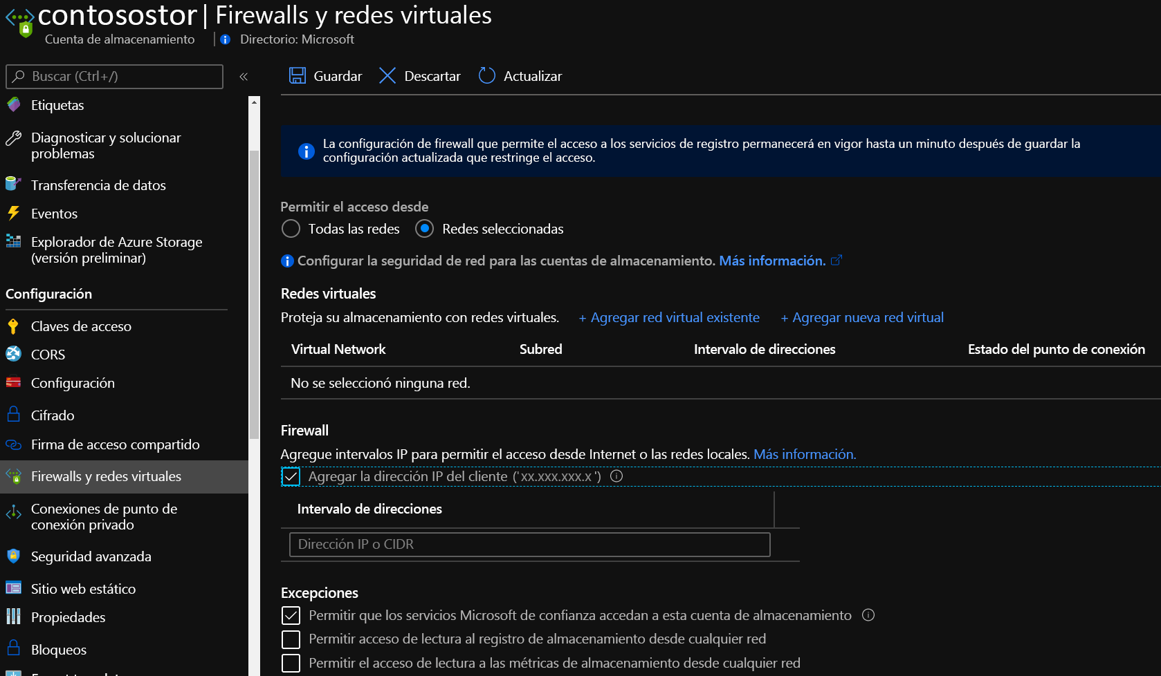 Muestra la configuración del firewall de Storage en el portal.