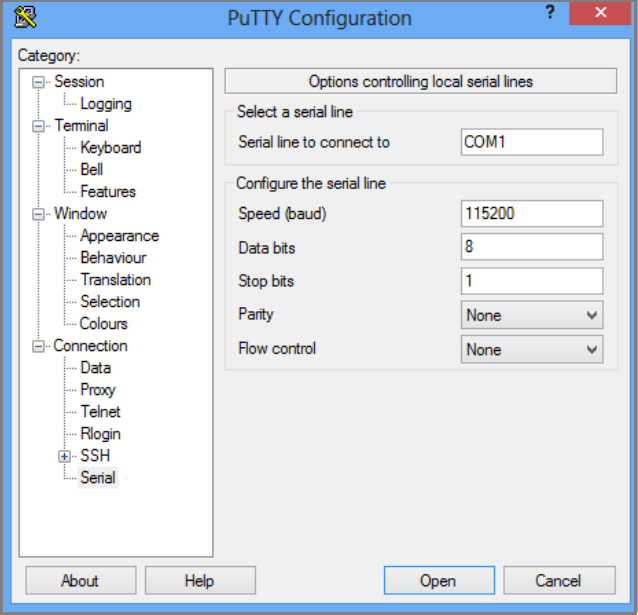 Captura de pantalla de una configuración serie de PuTTY