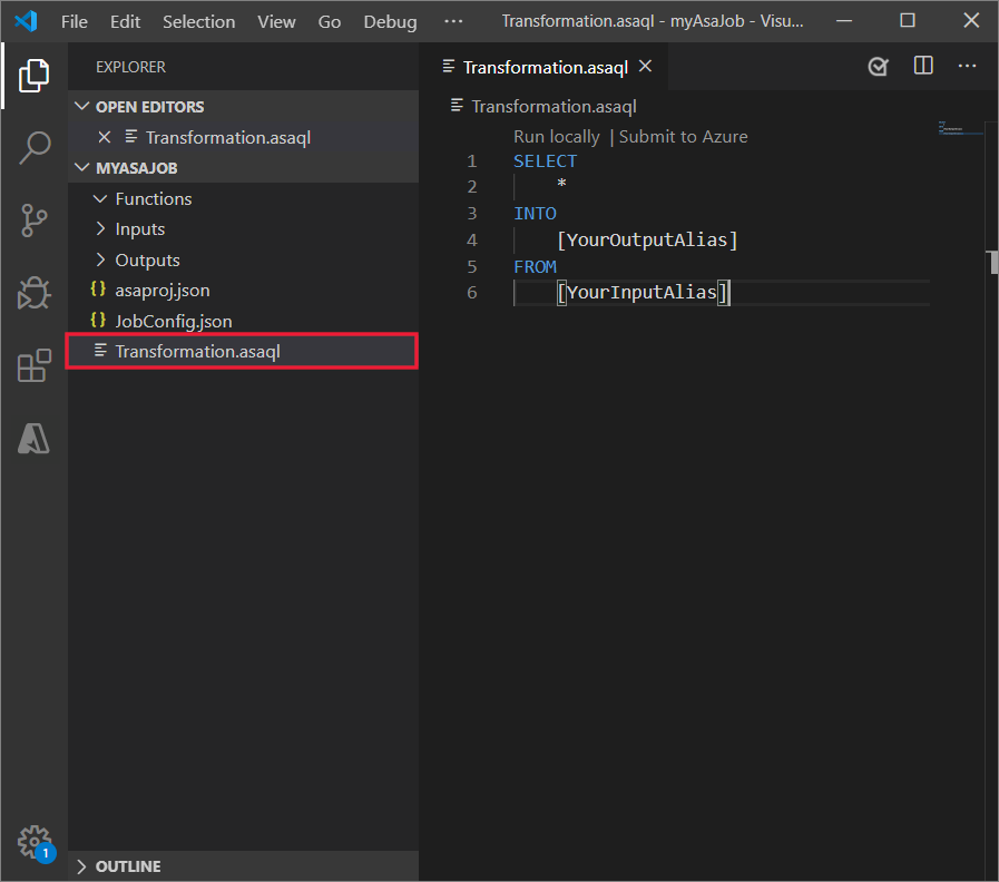 Archivo Transformation.asaql en Visual Studio Code