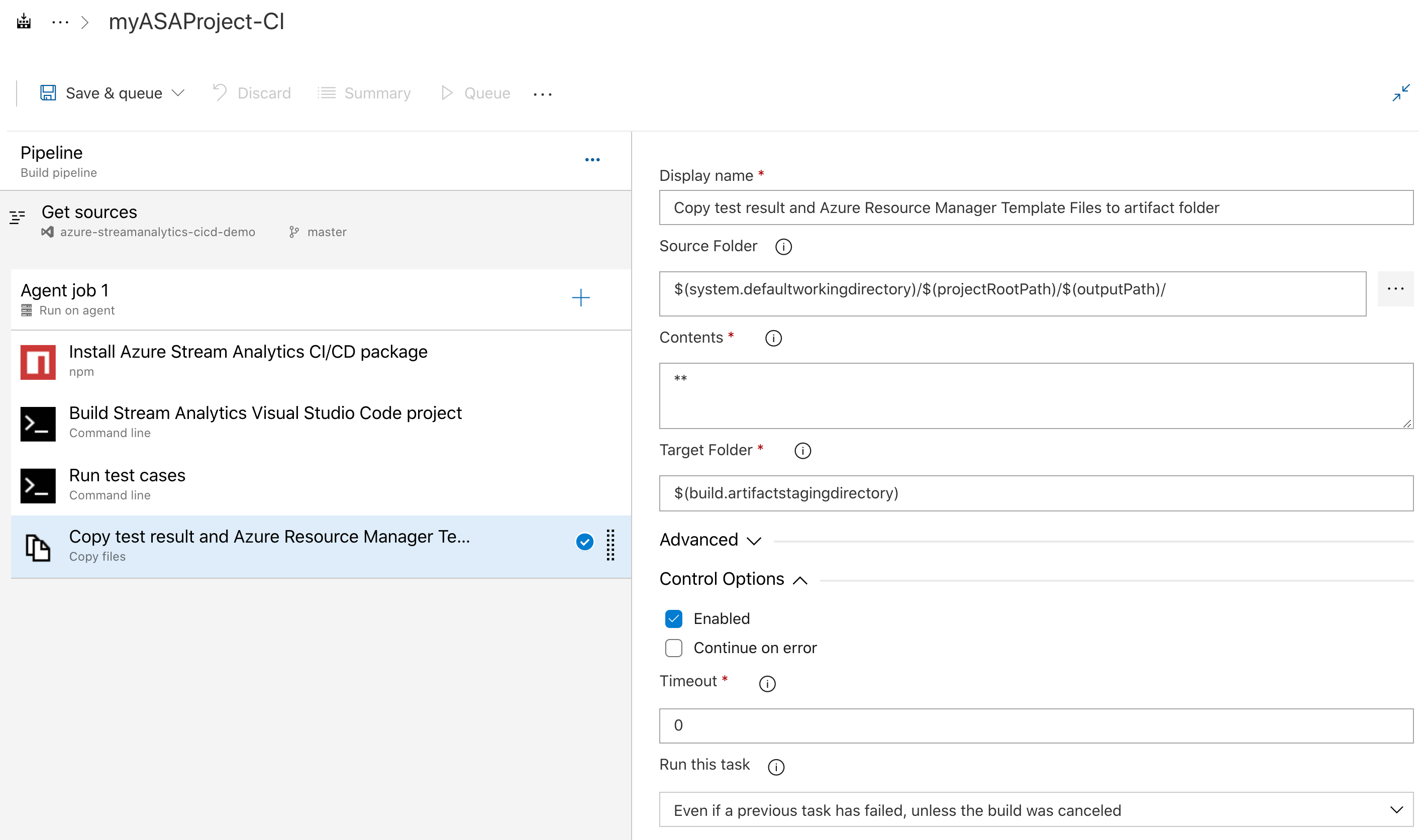 Especificación de configuraciones para la tarea de copia