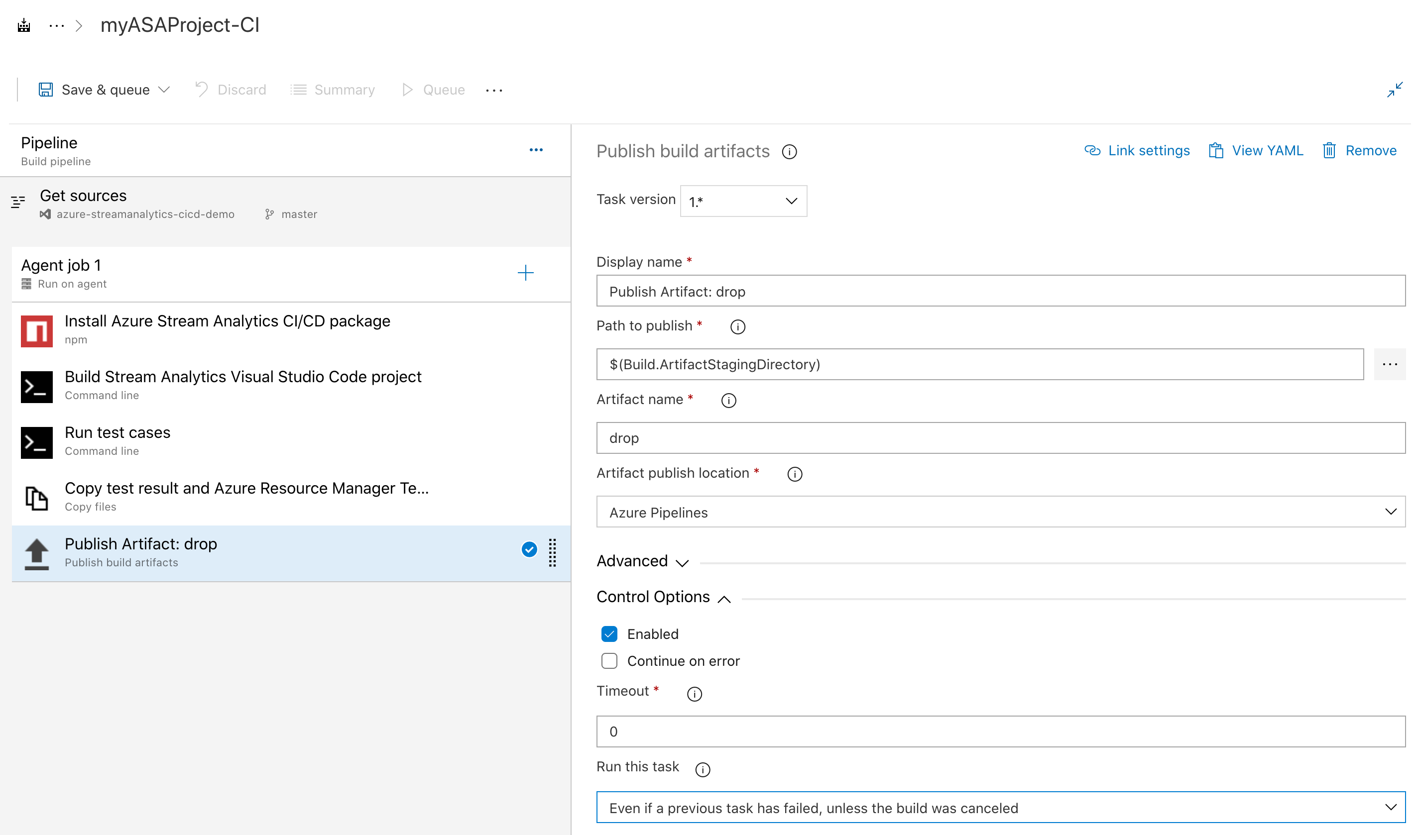 Especificación de configuraciones para la tarea de publicación