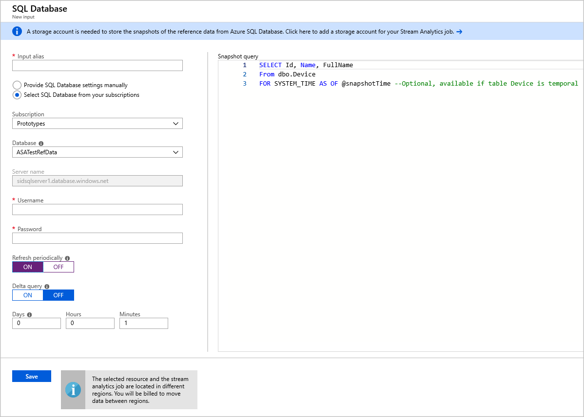 Cuando se selecciona SQL Database, aparece la página Nueva entrada de SQL Database. Hay un formulario de configuración en el panel izquierdo y una consulta de Snapshot en el panel derecho.