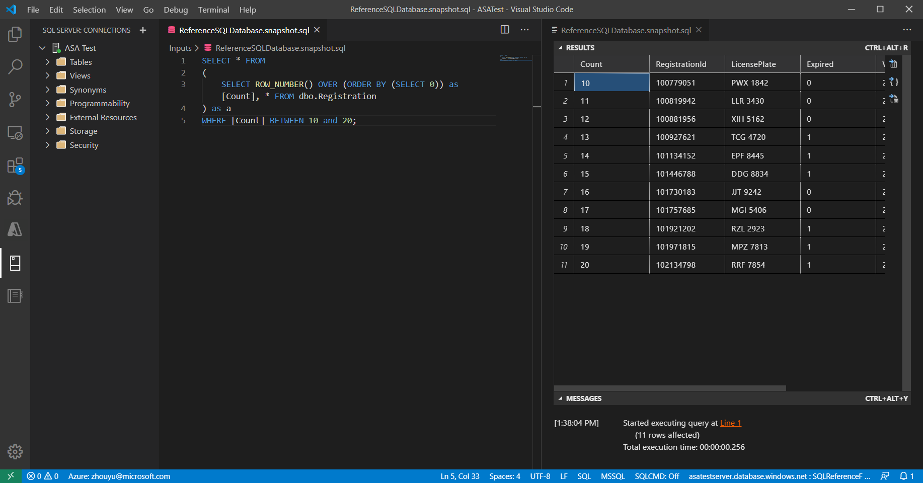 Los resultados de la búsqueda de consultas se encuentran en una pestaña del editor de VS Code.