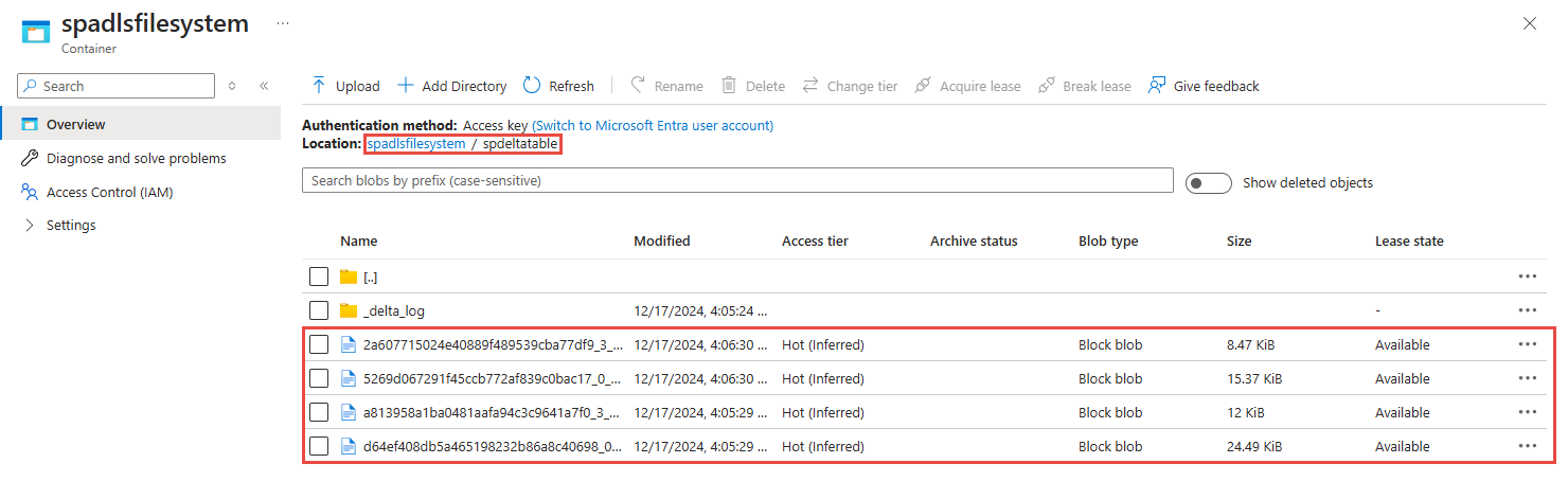 Captura de pantalla de los archivos Parquet capturados en Azure Data Lake Storage Gen2.