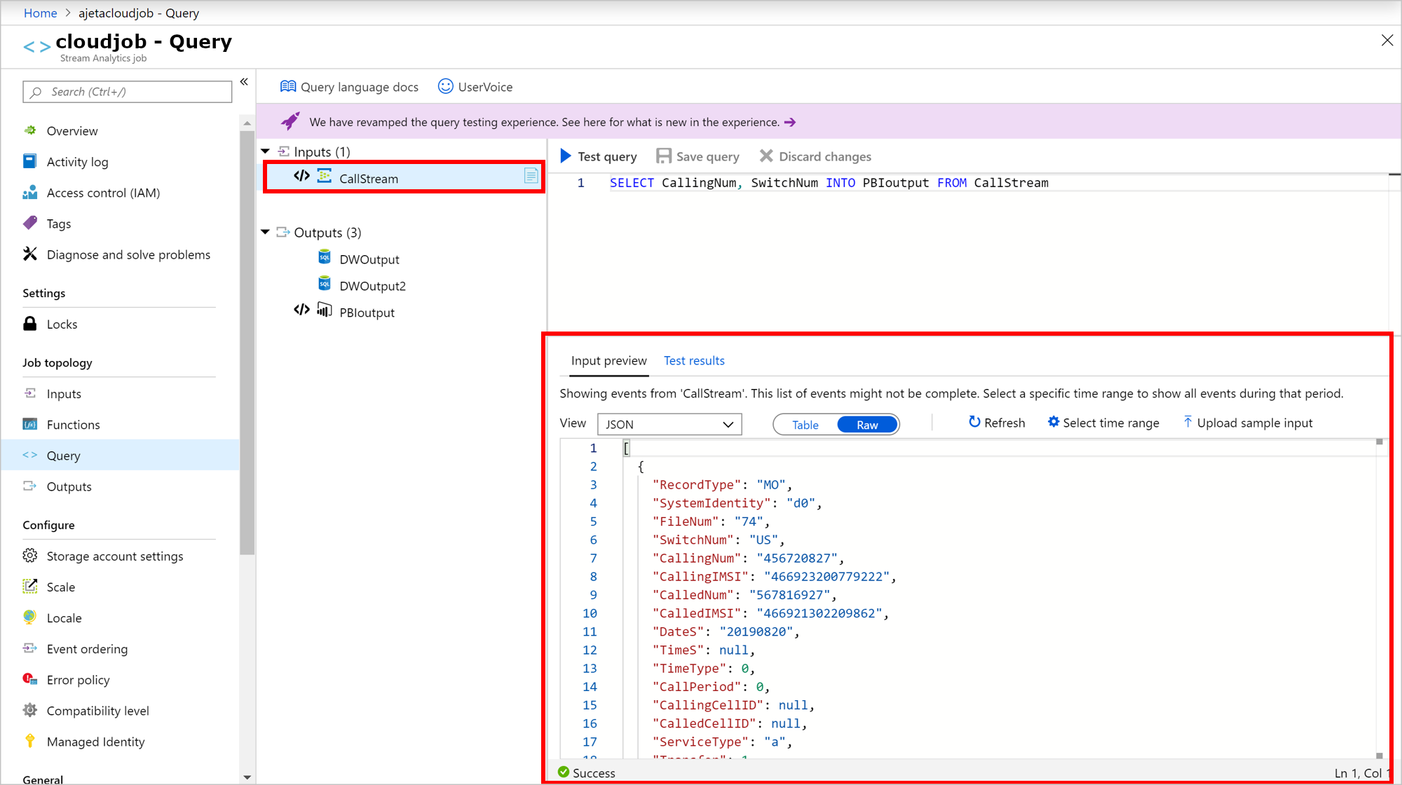 Entrada de ejemplo de Azure Stream Analytics en formato sin procesar