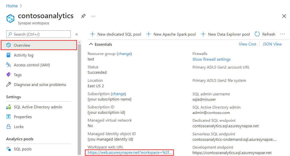 Información general del área de trabajo de Synapse en Azure Portal con la opción Iniciar Synapse Studio resaltada.