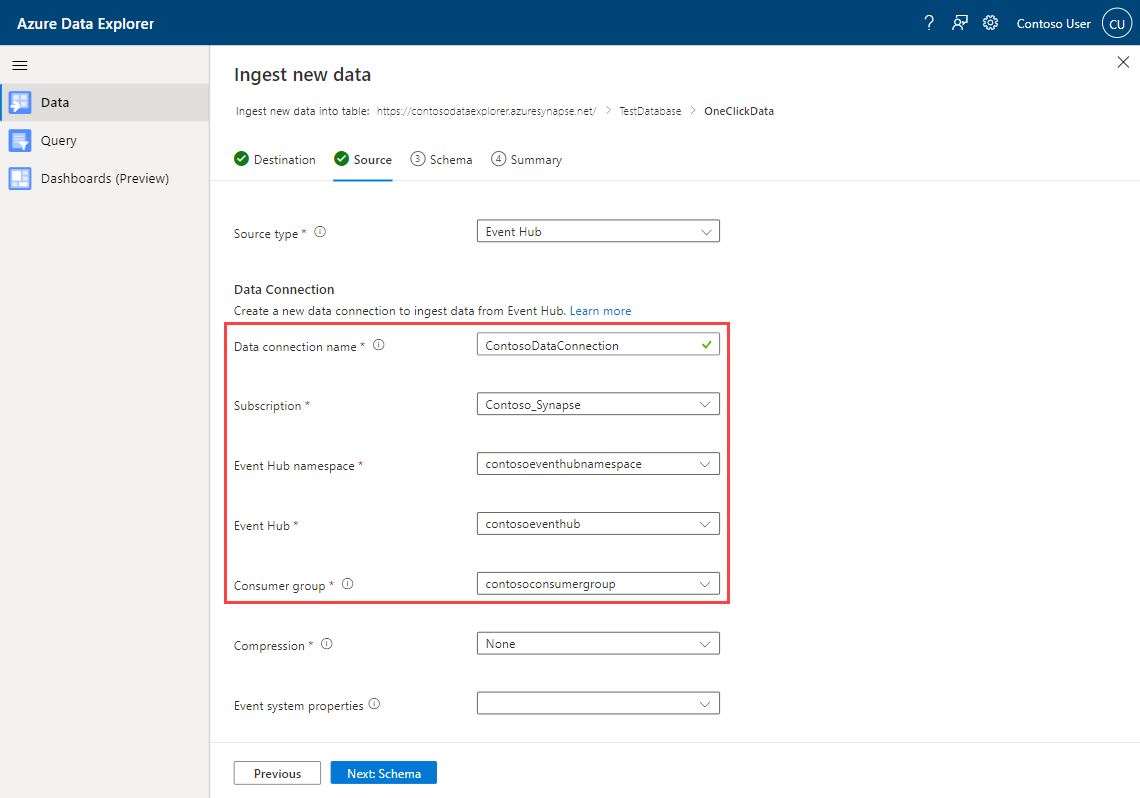 Recorte de pantalla de la pestaña Origen con los campos de detalles del proyecto que se van a rellenar para la ingesta de nuevos datos en el Explorador de datos de Azure Synapse con Event Hubs en la experiencia de una selección.