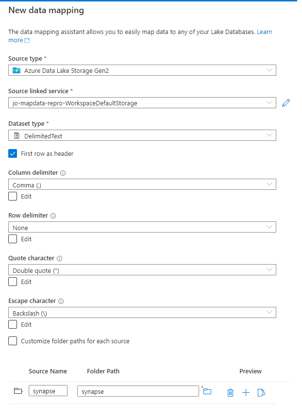 Captura de pantalla en la que se muestran los valores de configuración del archivo de mapa de datos.