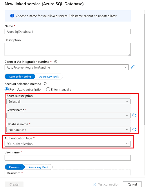 Captura de pantalla que muestra cómo escribir los detalles del servidor y de la base de datos para crear un nuevo servicio vinculado.